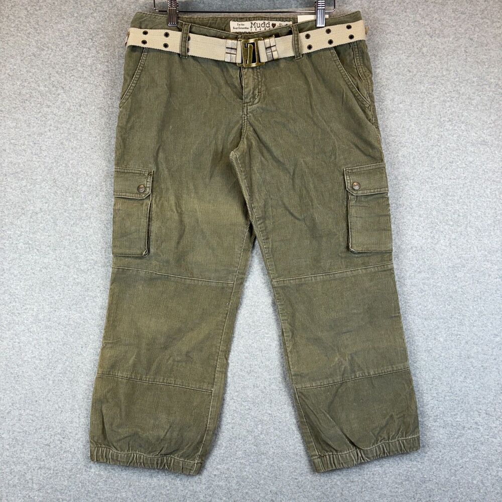 Vintage Mudd Capri Pants Womens 11 Y2K Cargo Cropped Rise Boho Corduroy Belt NWT